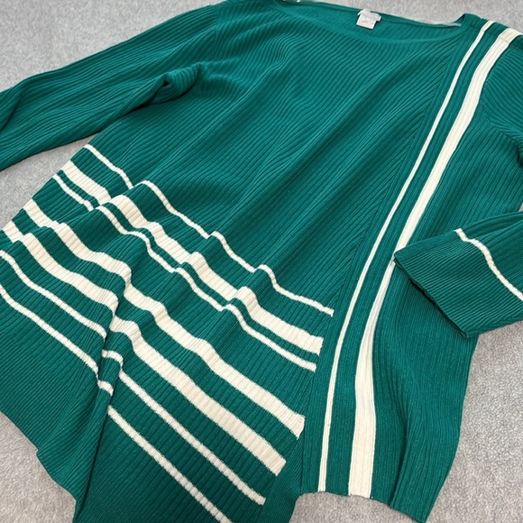 Chicos Tunic Asymetrical Sweater XL Stripe Green Ribbed Knit Mature Artsy - Picture 9 of 10